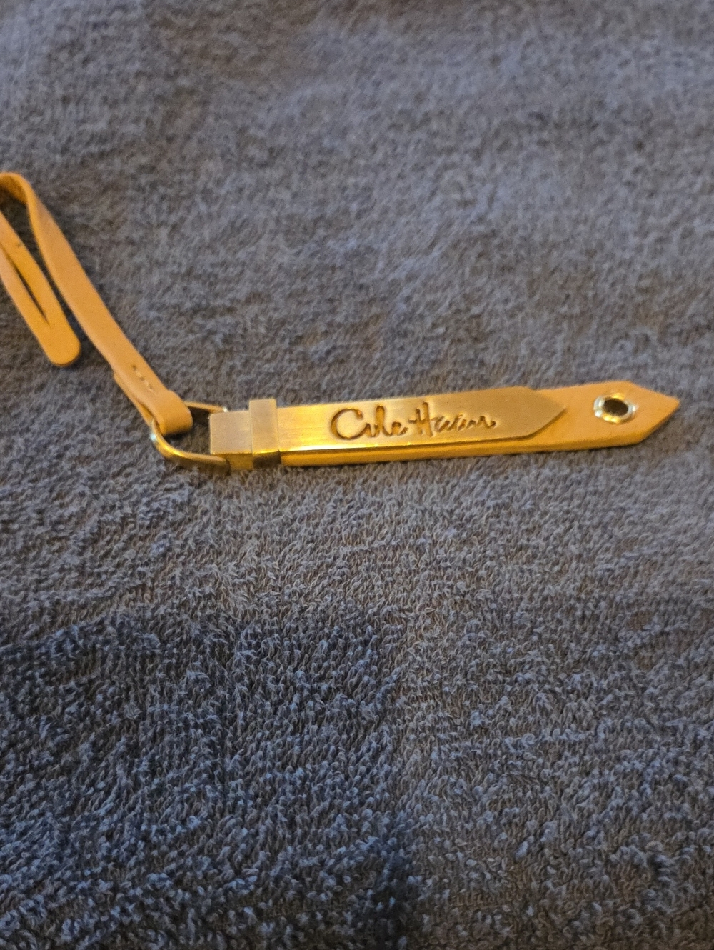 Cole Haan Tan Leather and Gold Logo Strap Keyring
